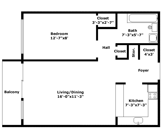 1 Bed, 1 Bath (Small)